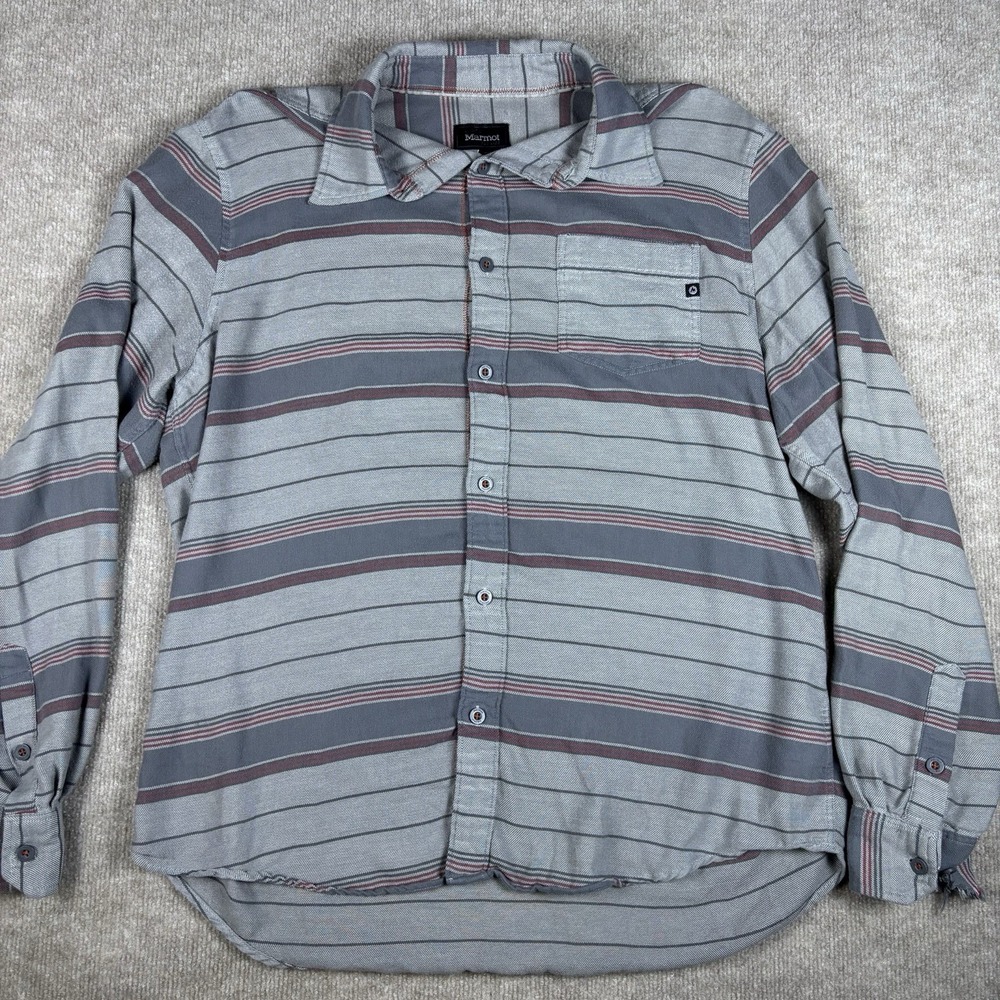 Marmot For Life Button Up Shirt Mens Large Gray Striped Long Sleeve Cotton Blend